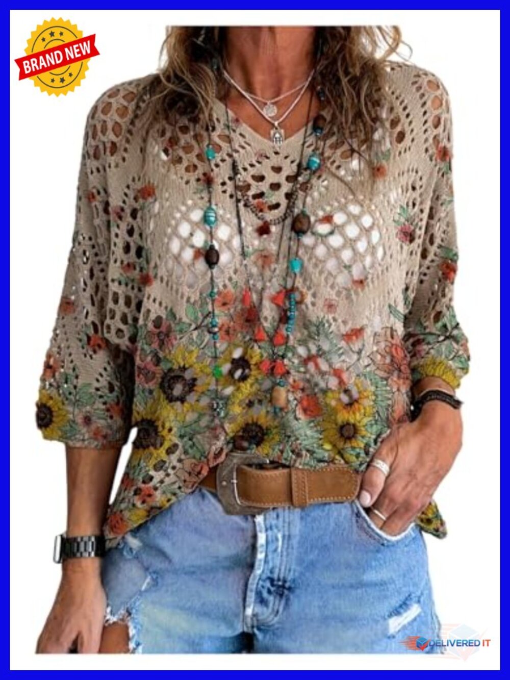 Boho Knit V-Neck Beach Cover Up Sweater